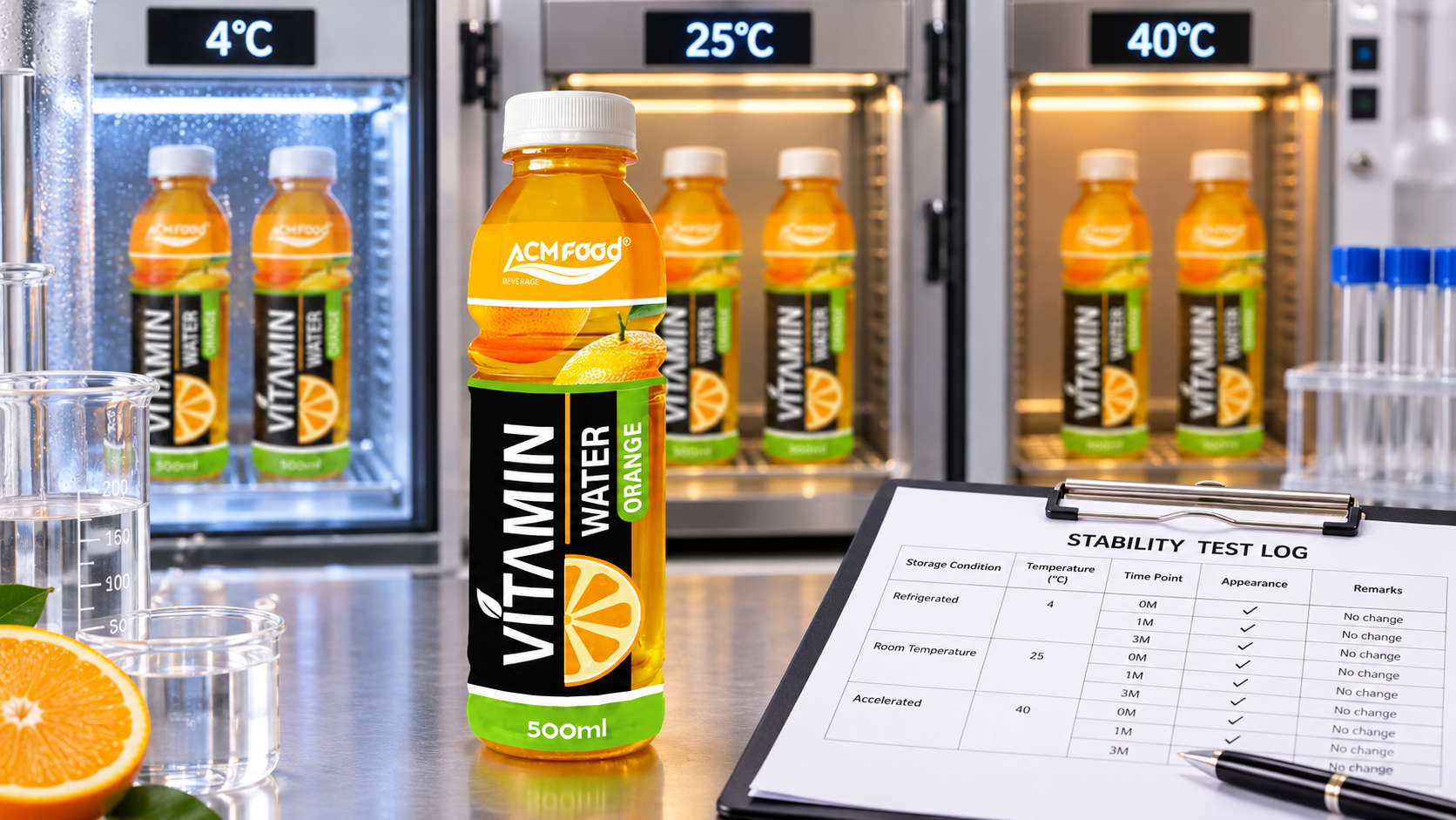 Close-up of a laboratory stability testing setup with sample bottles at different storage conditions and a testing log sheet, bright even lighting, realistic commercial documentation photography, landscape composition