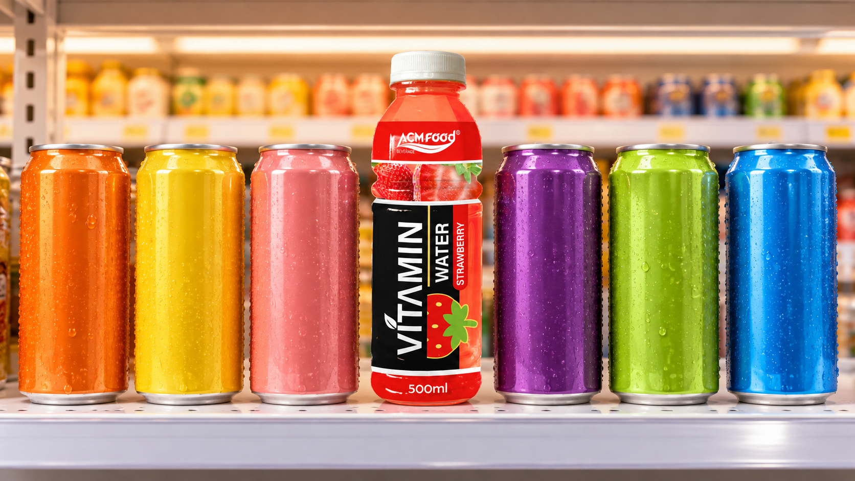 A row of finished unbranded vitamin-fortified beverage cans standing on a bright retail shelf mock-up, seen at eye level, warm even lighting, realistic commercial retail photography, landscape composition, no legible labels