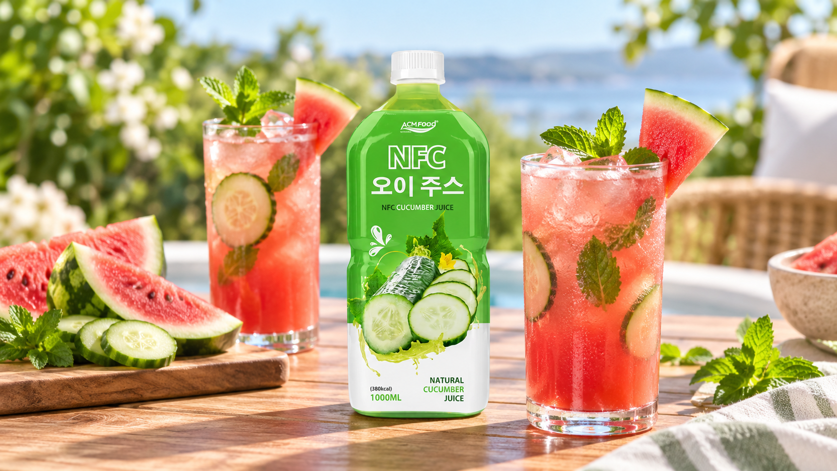Tall glasses of pink-red watermelon cucumber juice with mint sprigs and ice on a sunny outdoor table, diffused daylight, clean modern styling