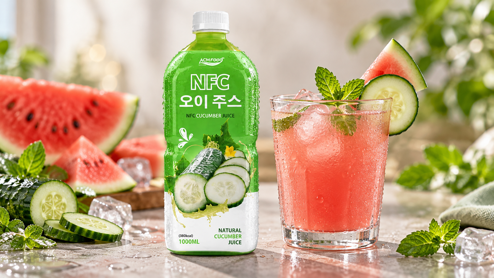 Close-up of a chilled aluminium can and a clear glass of pink watermelon cucumber mint juice with condensation on a neutral surface, shallow depth of field