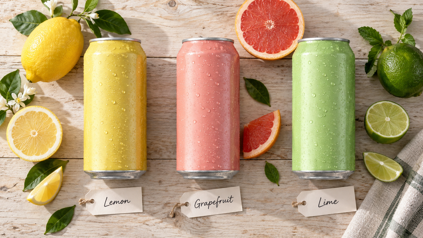 Overhead flat lay of three unbranded beverage cans arranged side by side on a pale wooden surface, each labelled with a small handwritten tag, soft natural daylight, clean commercial product photography, landscape composition, no readable text