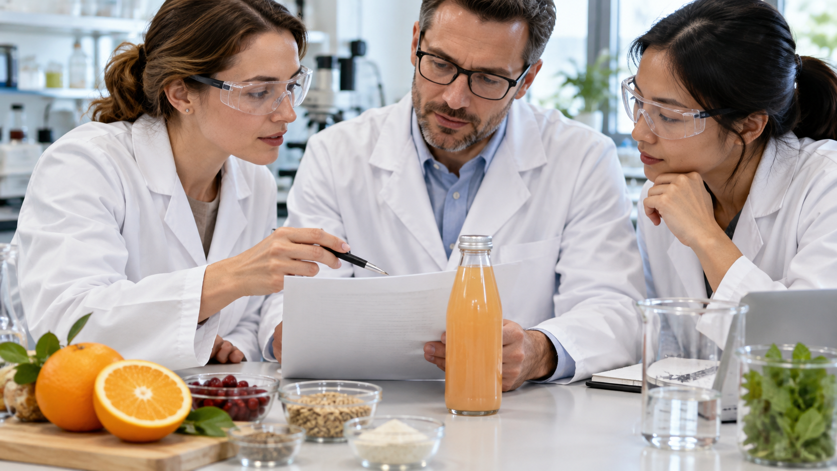 Close-up of a formulation team reviewing a product specification document alongside a beverage sample on a laboratory bench, bright even lighting, realistic commercial documentation photography, landscape composition