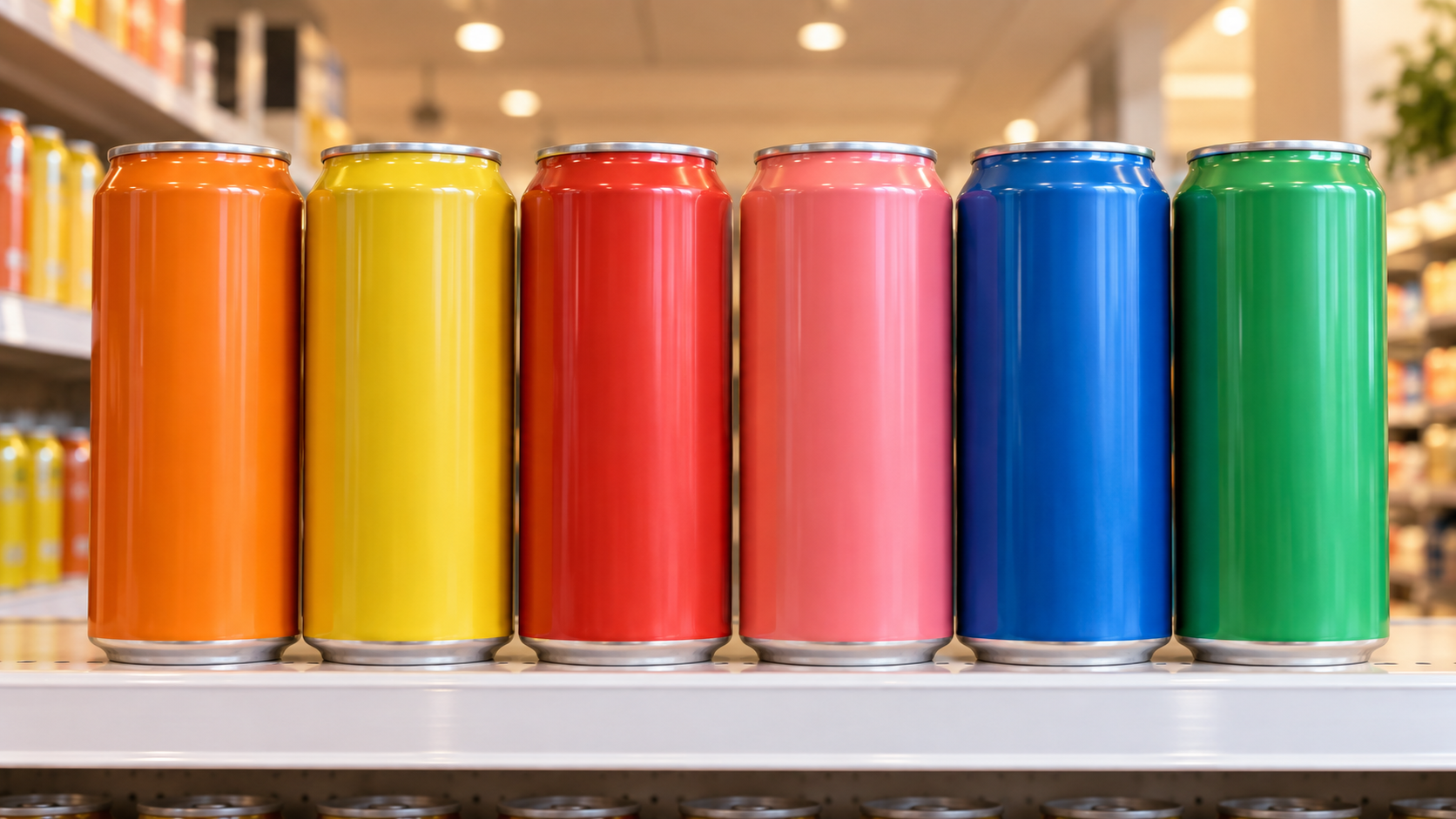 A row of finished unbranded beverage cans standing on a bright retail shelf mock-up, seen at eye level, warm even lighting, realistic commercial retail photography, landscape composition, no legible labels