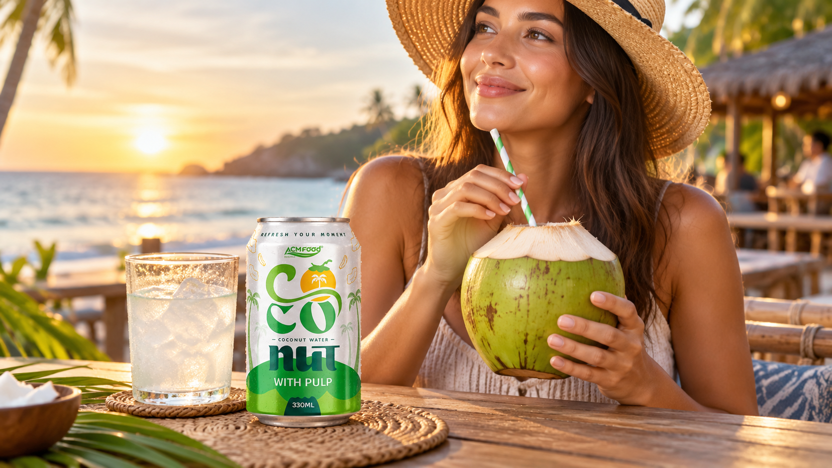 Person holding a freshly opened young green coconut with a straw at a beach-side cafe table, a glass of coconut water with ice beside it, warm late afternoon light, realistic commercial lifestyle photography, 16:9 landscape, no text