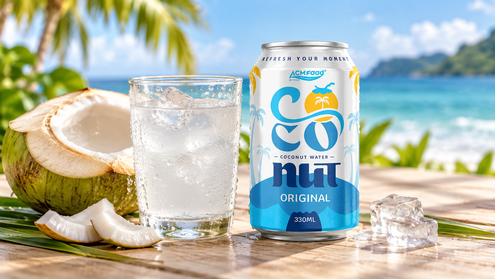Close-up of a clear glass of chilled coconut water with condensation beside a halved young coconut showing soft white meat, on a light wooden table, soft natural light, realistic commercial beverage photography, 16:9 landscape, no text